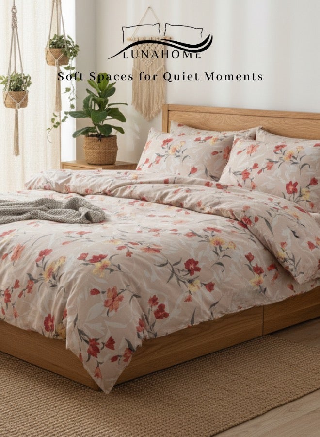 LUNA Home King size 6-piece (1 Duvet cover - 220*240cm. 1 Fitted sheet - 200*200cm+30cm. 4 Pillow covers - 50*75cm. ) Suitable for king size mattress. Modern bedding set beige with orange and red floral. - Image 1